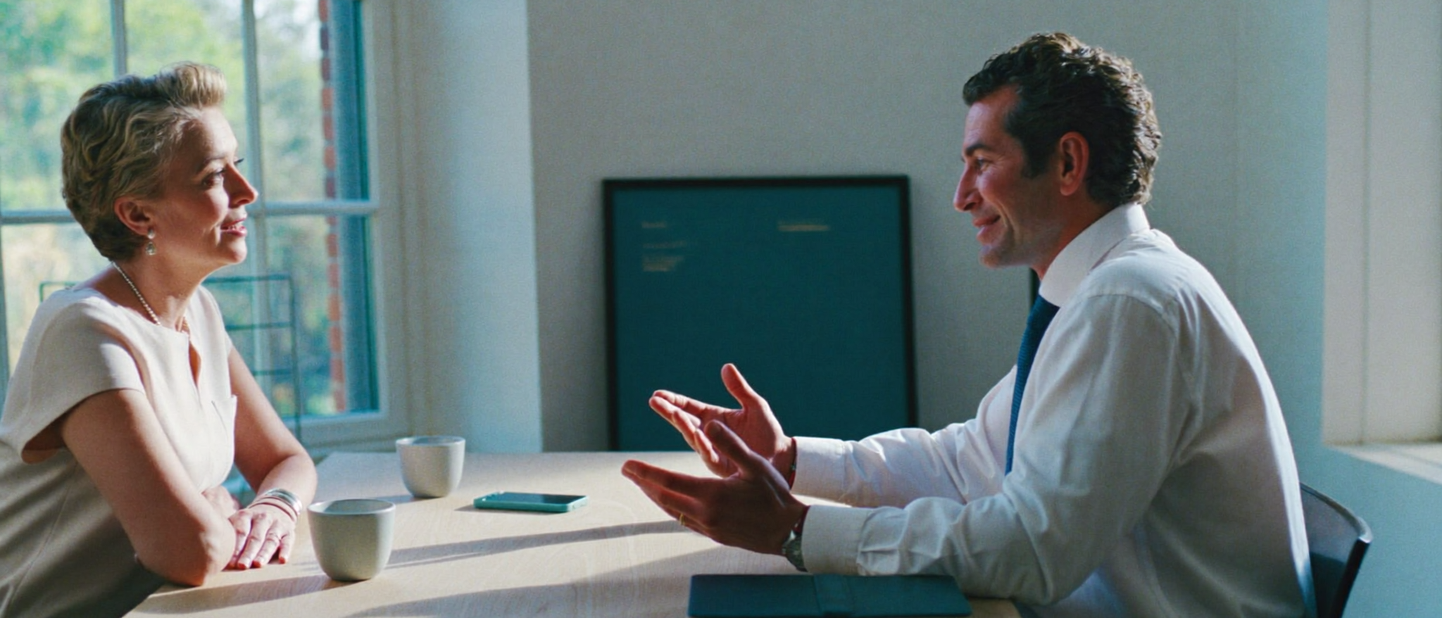 A compliance director and an advisor converse across a light-wood meeting table by a window.