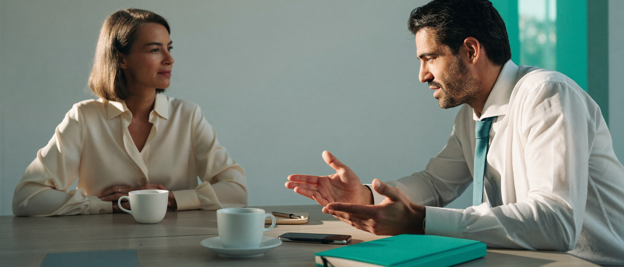 A compliance director and an advisor converse across a meeting table by a window.