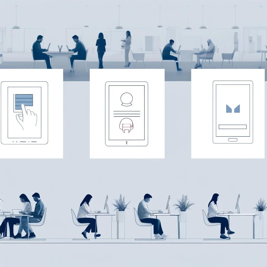 A muted illustration of an open-plan office with tablets showing assigned training.