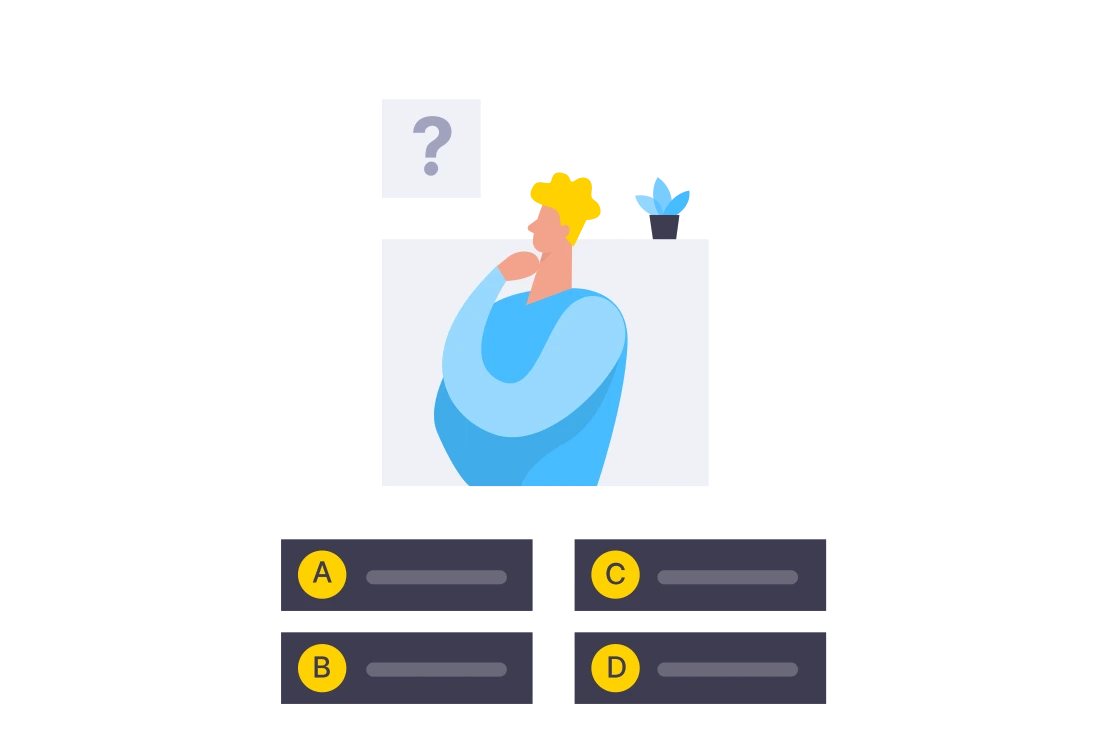 A flat illustration of a person considering four lettered options.