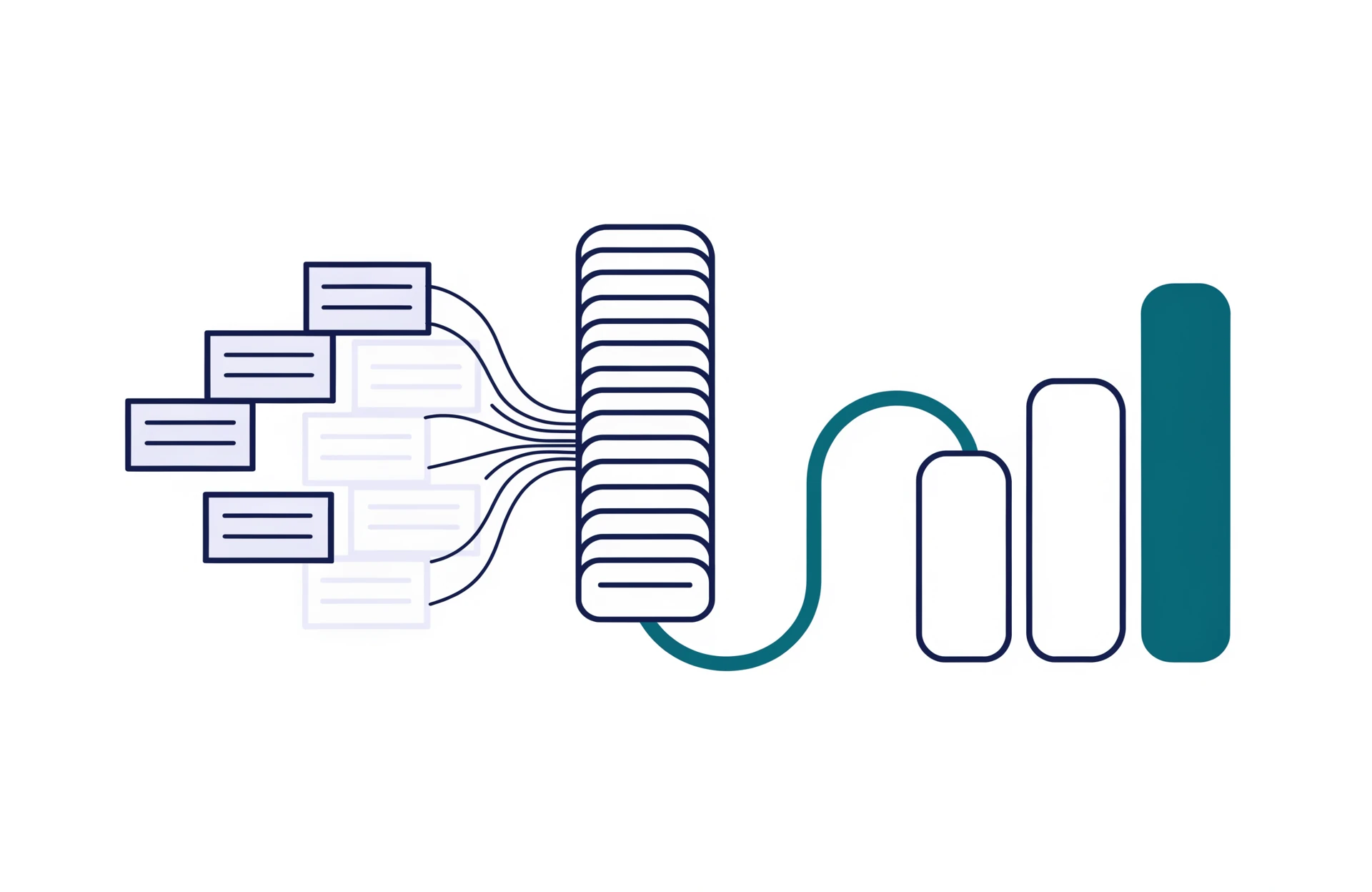 A flat illustration of record cards flowing into one stack that feeds a simple bar chart.
