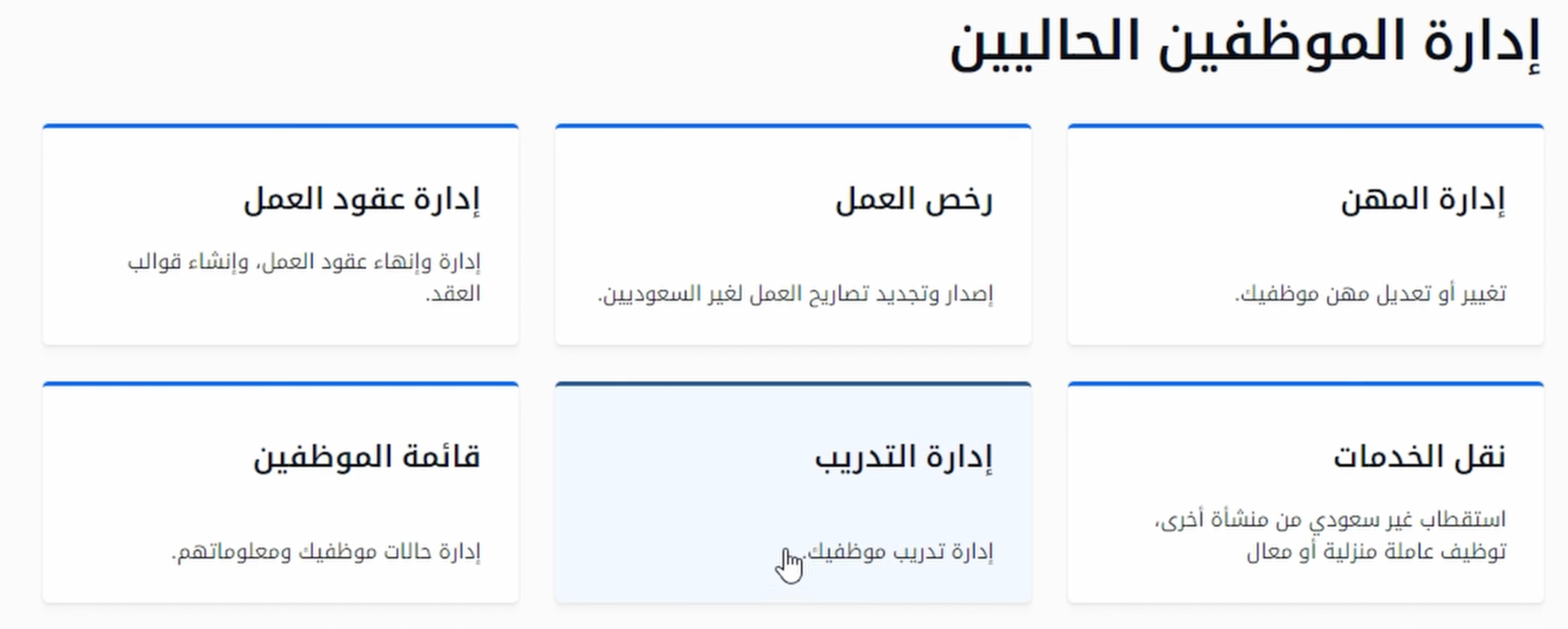 The Qiwa services page under "Manage current employees", with the Training Management card among six service cards.