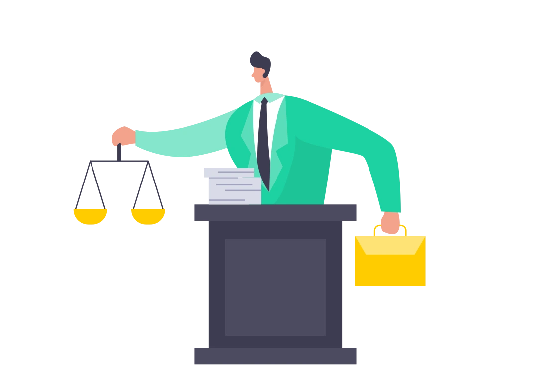 A flat illustration of a person at a podium weighing a set of scales against a briefcase.