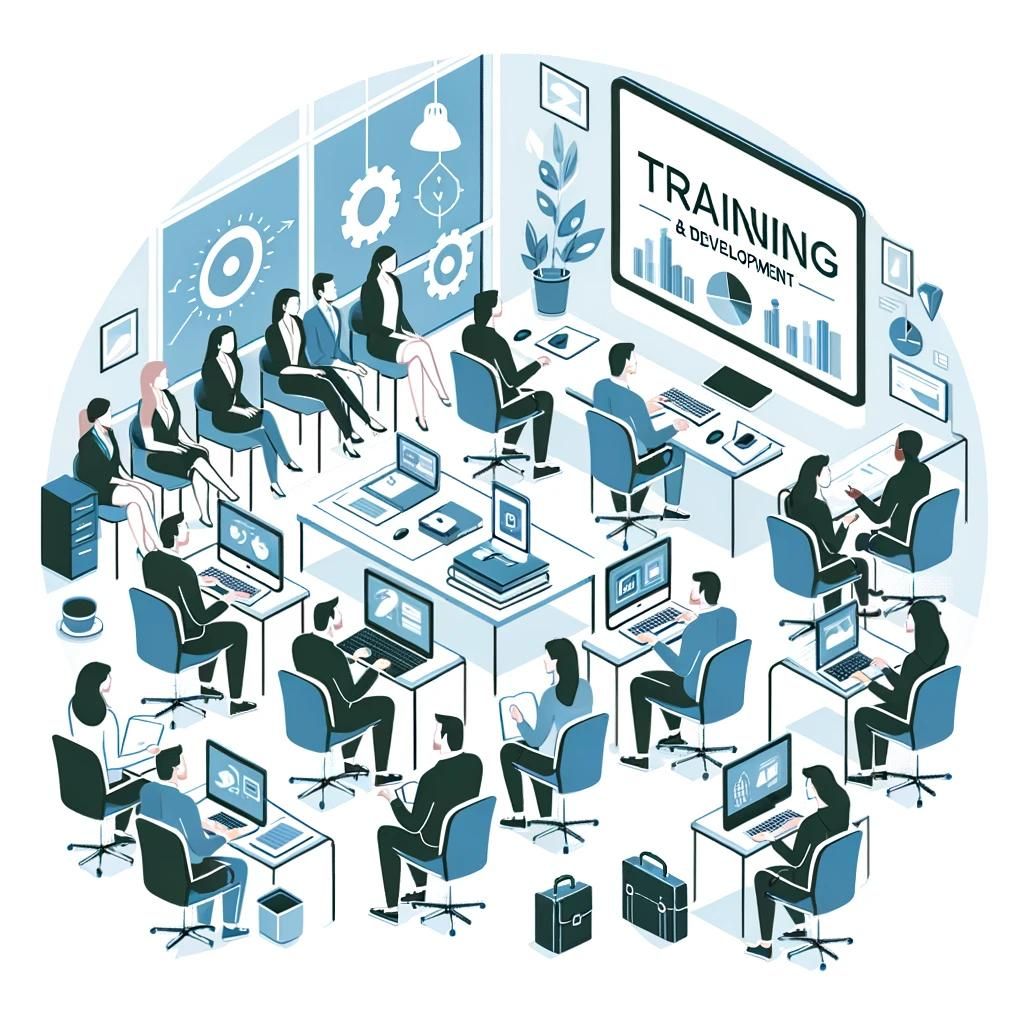 An isometric illustration of a training room with a screen headed "Training & Development".