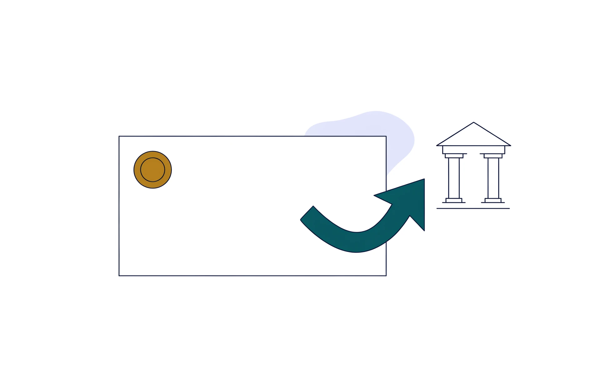 A flat illustration of a sealed form carried by an arrow to an institutional building.