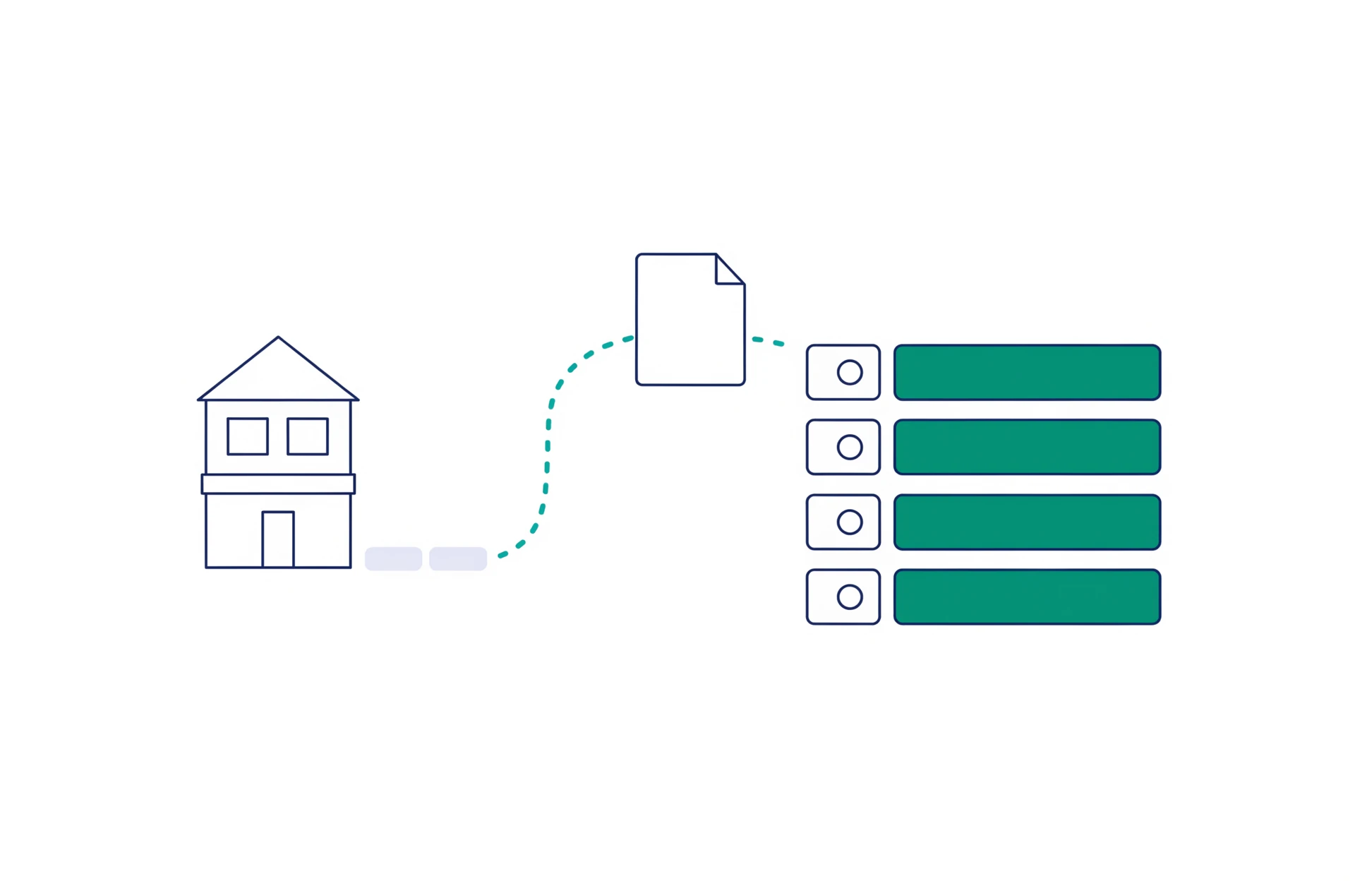 A flat illustration of a certificate travelling from an off-site building into a record list as a new row.