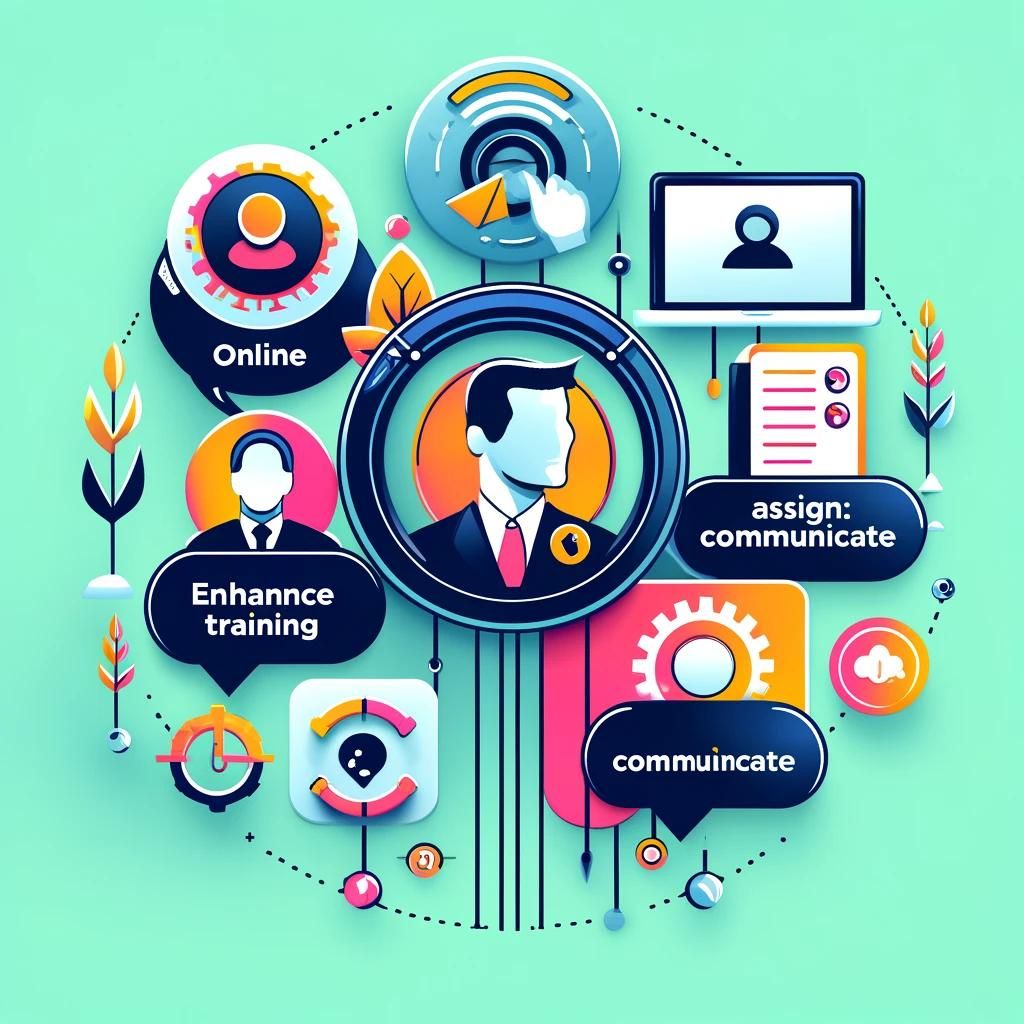 An illustration of training activity fanning out from one person to laptops, checklists, and notifications.