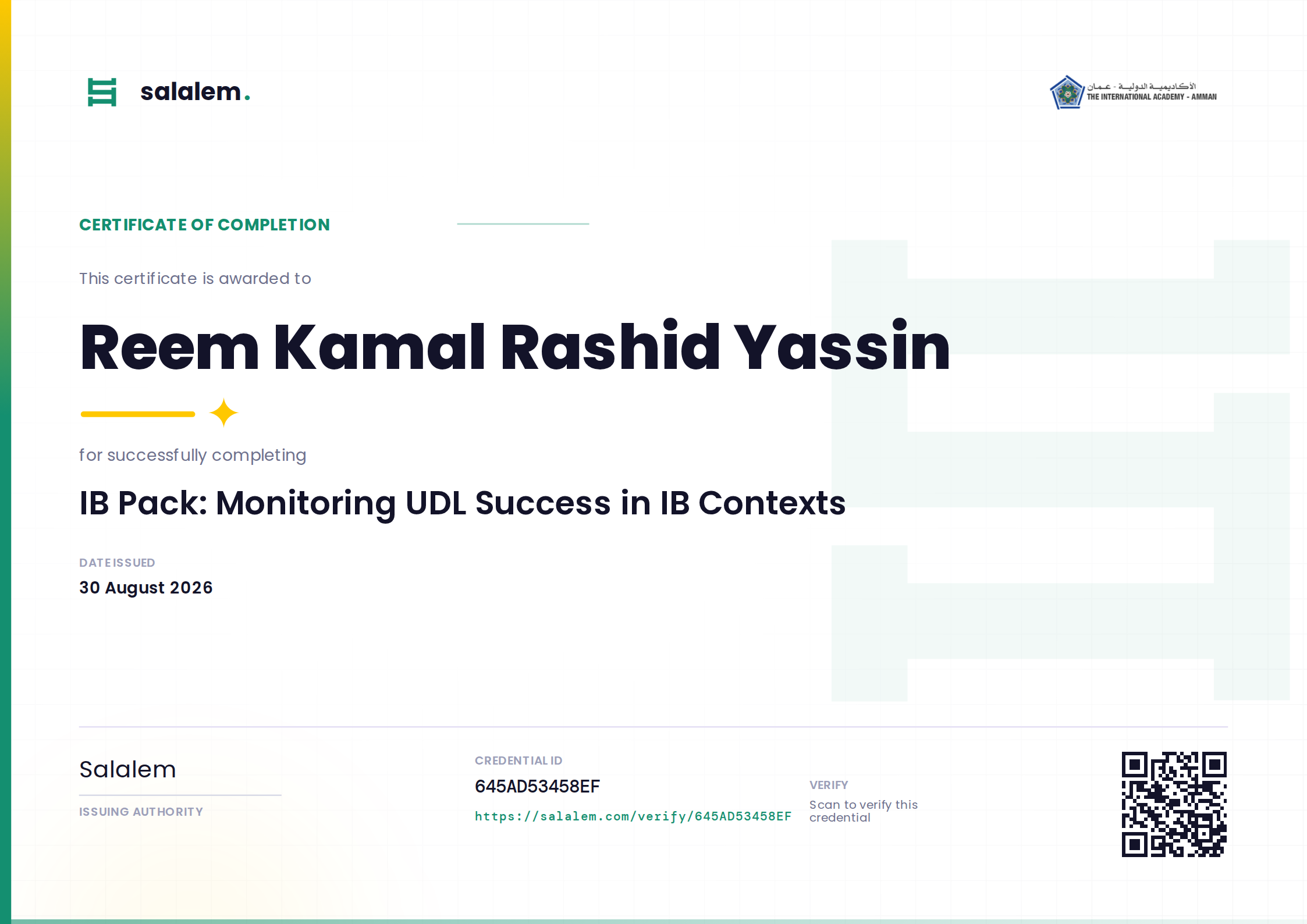 Reem Kamal Rashid Yassin — IB Pack: Monitoring UDL Success in IB Contexts