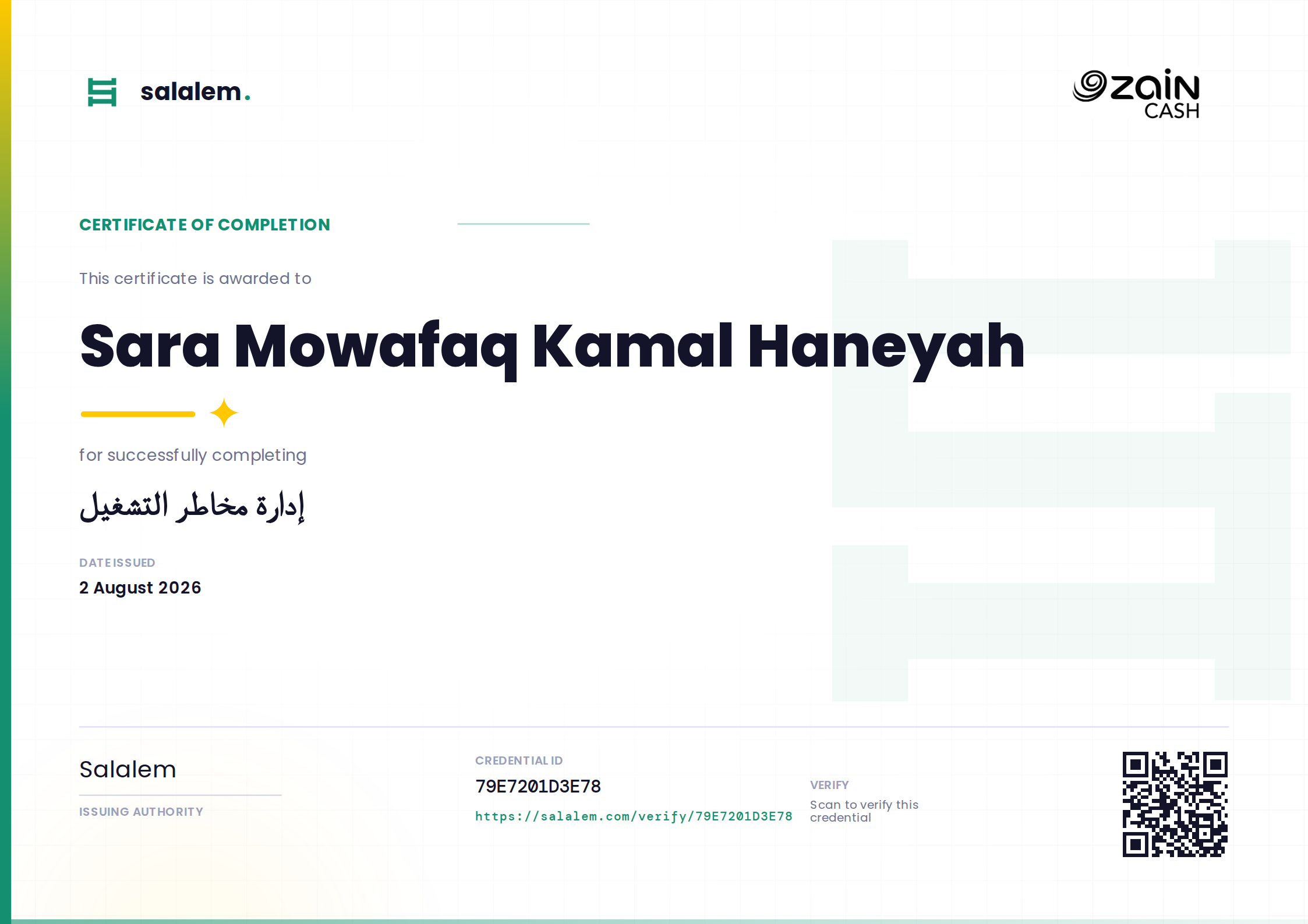Sara Mowafaq Kamal Haneyah — إدارة مخاطر التشغيل